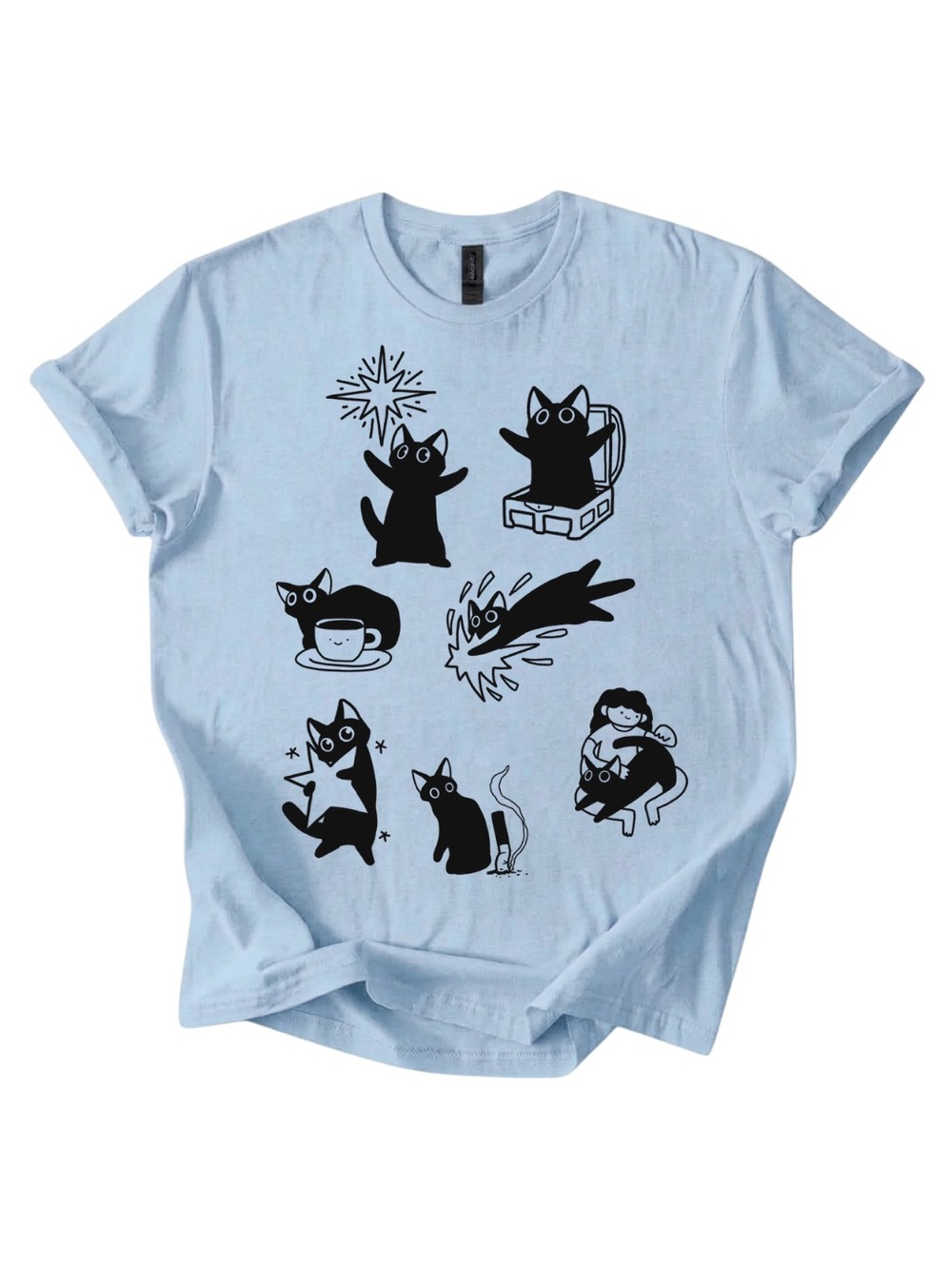 Gildan Light Blue Cat Graphic T-Shirt
